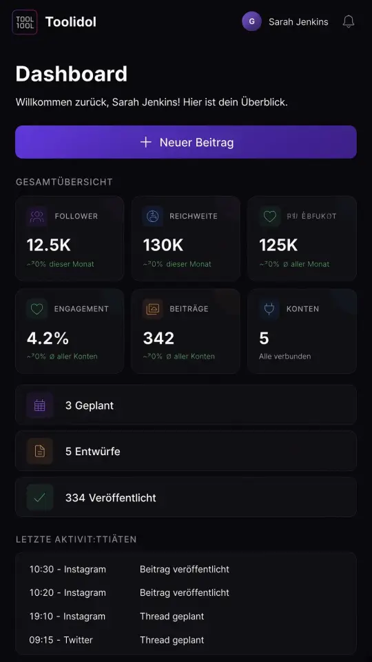 Toolidol Dashboard auf dem Handy